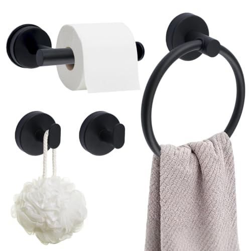 INCREWAY Black Suction Cup Bathroom Accessory Set 4Pcs - Wall Mount Towel Holder Tissue Rack Hooks - No Drill, Stainless Steel