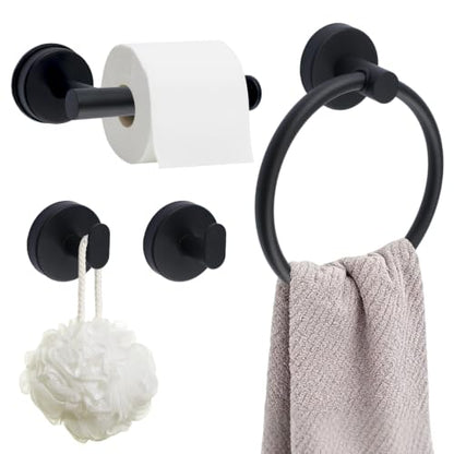 INCREWAY Black Suction Cup Bathroom Accessory Set 4Pcs - Wall Mount Towel Holder Tissue Rack Hooks - No Drill, Stainless Steel