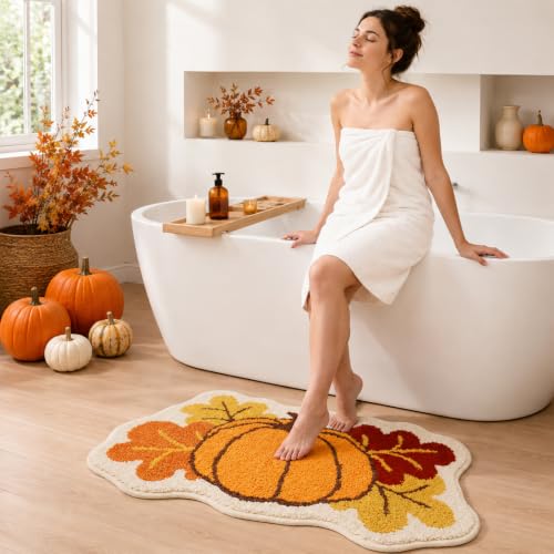 Fall Pumpkin Maple Leaf Bathroom Rug 31x20 Inches - Yellow Brown Variation