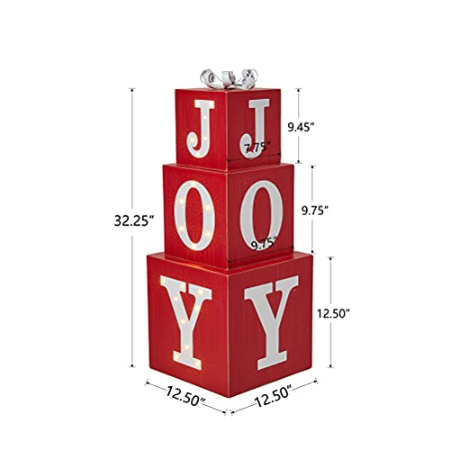 Red Lighted Wooden Joy Porch Sign with 3 Nesting Decorative Boxes for Christmas Home Decor