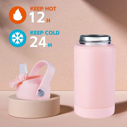 Kerilyn 12oz Kids Insulated Water Bottle, Leak-proof Toddler Cup With Straws Lids, Kids Water Bottles For School Boys Girls, Stainless Steel Vacuum Insulated Bottle For Kids, BPA Free, Pink