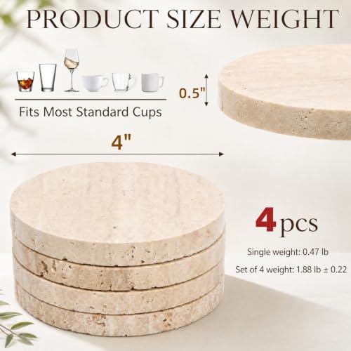 4 Pack 4-Inch Travertine Marble Coasters with Non-Slip Cork Backing