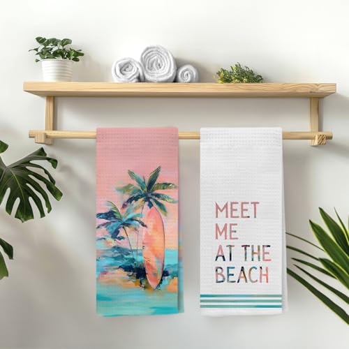 Wardos Coastal-C Boho Beach Kitchen Towels Set of 2 - Tropical Palm & Surfboard Design