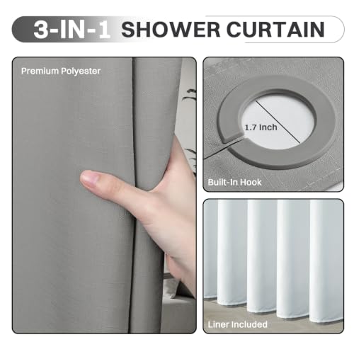 LXBNI Ringless Shower Curtain with Snap-In Liner - Grey 72x75 Inch, Pack of 1