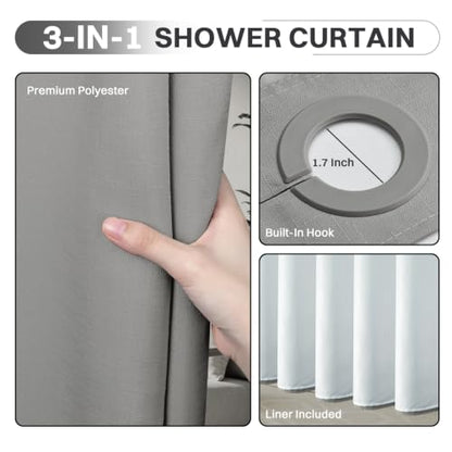 LXBNI Ringless Shower Curtain with Snap-In Liner - Grey 72x75 Inch, Pack of 1