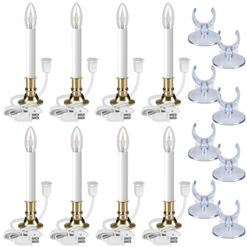 8 Pack Christmas Electric Window Candle Lights with Gold Base and Clear Bulbs