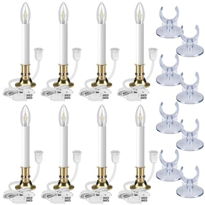 8 Pack Christmas Electric Window Candle Lights with Gold Base and Clear Bulbs