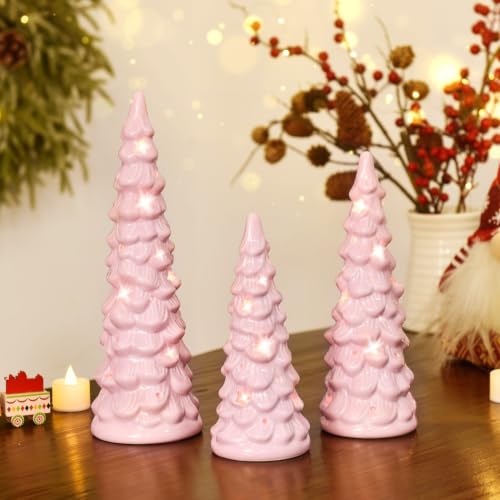 Pink Ceramic Christmas Trees Light Up Set of 3 - Holiday Decor