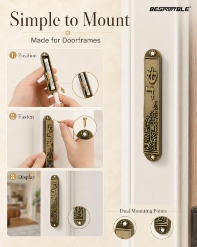 5-Pack Antique Brass Metal Mezuzah Cases with Scrolls - Jewish Door Decor