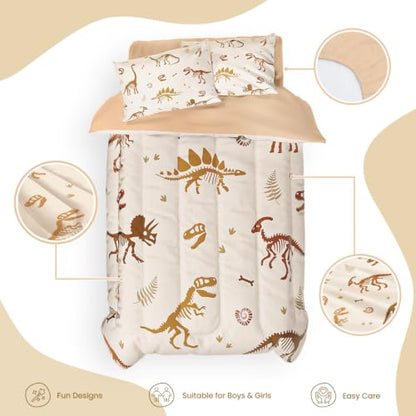 SANDJEST Dinosaur Twin Bedding Set with Comforter, Fitted Sheet & Pillowcases - Kids Bedroom Decor