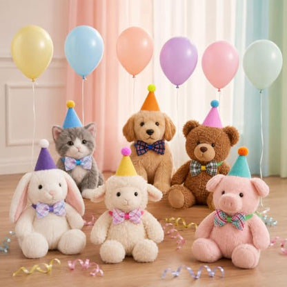 Mini Stuffed Animal Party Hats Set with Balloons & Bow Ties - 18 Pcs