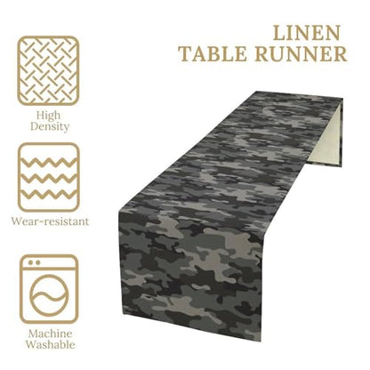 Grey Black Camouflage Table Runner 13x72in Linen Decor for Indoor Outdoor Dining