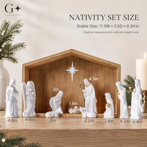 White Ceramic Nativity Set with Wooden Stable - 11 Piece Christmas Scene