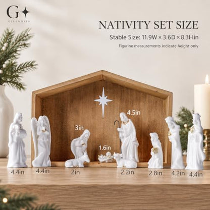 White Ceramic Nativity Set with Wooden Stable - 11 Piece Christmas Scene