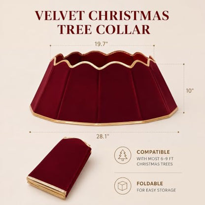 Foldable Velvet Christmas Tree Collar Burgundy 28 Inch with Gold Trim - Farmhouse Style