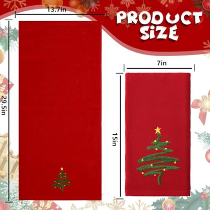 Christmas Hand Towels Set - Embroidered Red Green Xmas Tree Cotton Dish Towels, 29.5 x 13.7 Inch