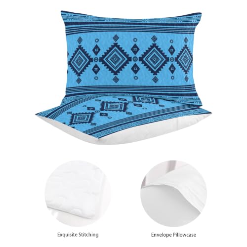 Twin Size Quilt Bedding Set - Blue Azure Boho Southwestern Vintage Zigzag