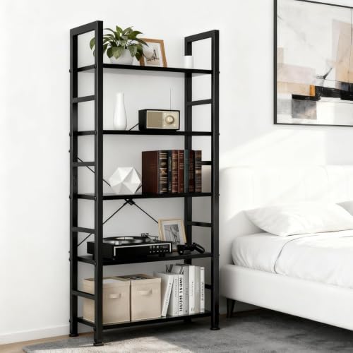 Modern Black 5-Tier Industrial Bookshelf - Free Standing Bookcase with Open Shelves