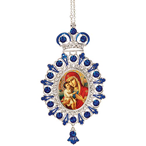 Virgin Mary and Christ Icon Pendant Wall Decor - Blue Enamel, Crystals, Faux Pearls, 5 Inch