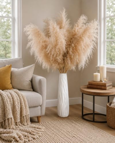 10Pcs 40-Inch Faux Pampas Grass with 22.8-Inch White Floor Vase - Boho Home Decor