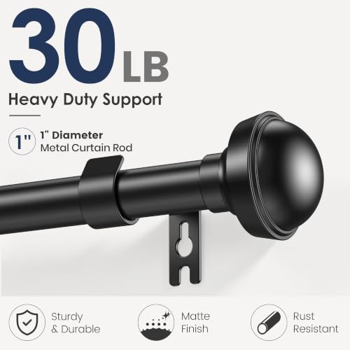 Heavy Duty Adjustable Black Curtain Rods 66-120 Inches with Matte Black Ball Finials
