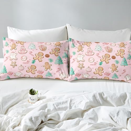 Pink King Size Duvet Cover Set with Gingerbread Man Pattern - No Comforter