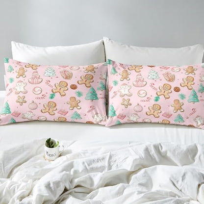 Pink King Size Duvet Cover Set with Gingerbread Man Pattern - No Comforter