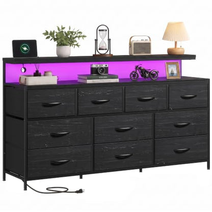 DurayLoly 55" Dresser with LED Ambient Light, 10-Drawer w/ Charging Station - Black