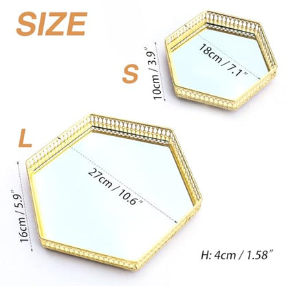 Gold Hexagonal Perfume Tray with Mirror, Acrylic & Metal Vanity Organizer - 10.6" x 6"