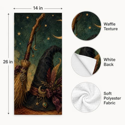 Halloween Kitchen Towel Witch Hat Broom and Crescent Moon Variation - Gothic Fall Decor