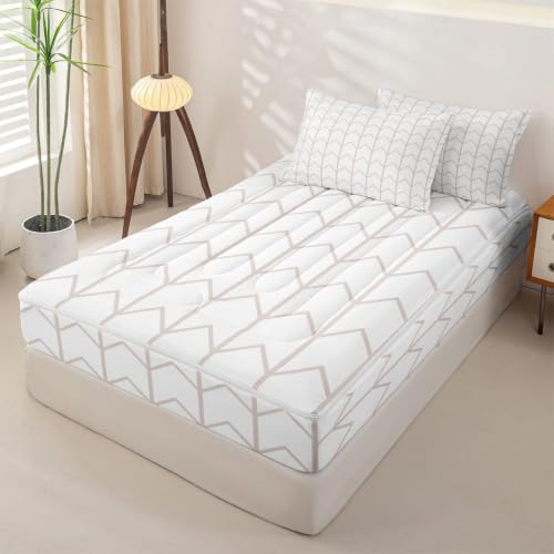 Beige White Geometric Chevron Zipper Bedding Set Twin - Arrow Pattern Bed in a Bag