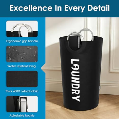 100L Laundry Basket with Adjustable Tech Handle, Large Foldable Hamper - Black
