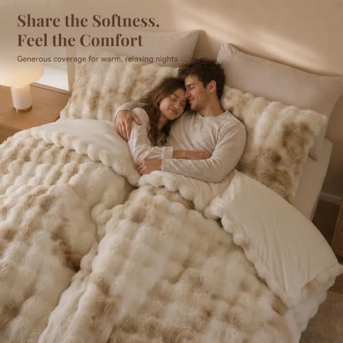 Weigelia Faux Rabbit Fur King Comforter Set - Tiedyekhaki 7 Piece Bed in a Bag