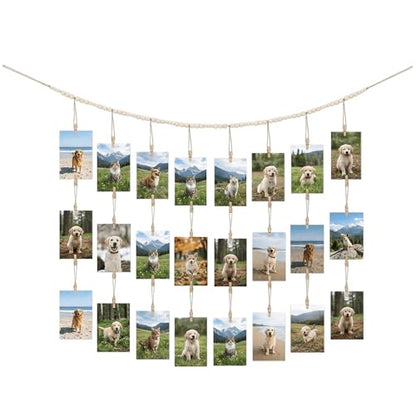 Hanging Photo Display with Clips and Wooden Beads - Boho Wall Decor