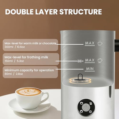 Casimhu 4-in-1 Electric Milk Frother with Light Silver Finish – Hot & Cold Foam, 10.6 oz
