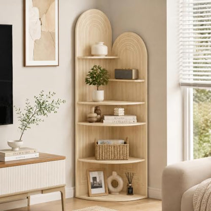 6-Tier Corner Shelf - Arched Display Bookcase in Oak Finish