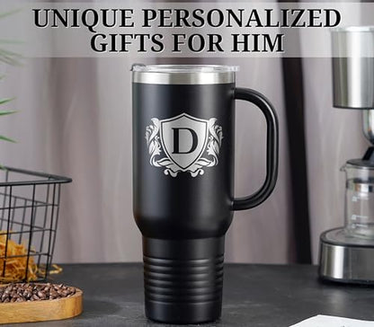Personalized 40 oz Tumbler with Handle and Straw - G Variation, Custom Monogram Travel Mug for Men