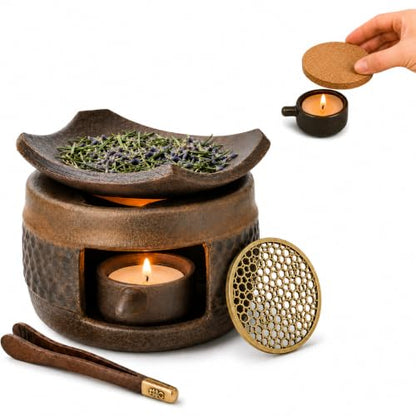 Brown Ceramic Aromatherapy Burner with Incense & Herb Plate - Zen Home Decor