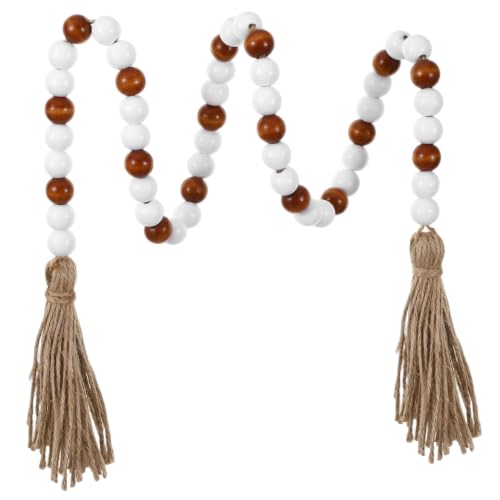 Wood Bead Garland - 39 Inch Farmhouse Boho Wall Decor with Jute Tassels
