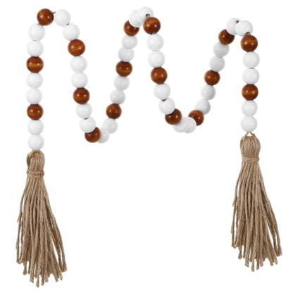 Wood Bead Garland - 39 Inch Farmhouse Boho Wall Decor with Jute Tassels
