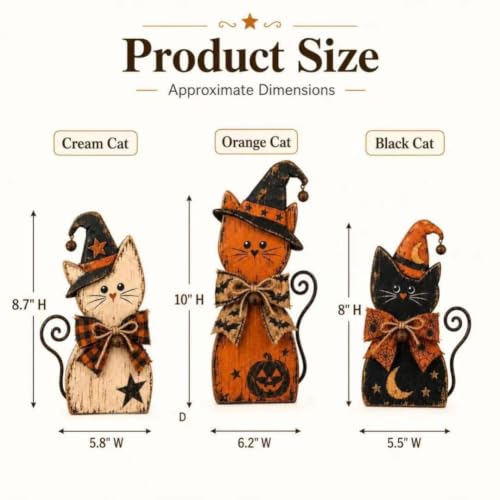 Wooden Cat Halloween Decor Set - Rustic Farmhouse Kittens for Autumn