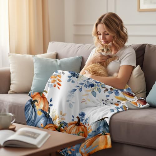 Fall Maple Branch Flannel Blanket for Bed and Couch, 30x40 Inches - Orange Blue White, Cozy Throw for All Seasons