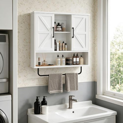 Bathroom Wall Cabinet with Doors and Towel Bar - Wall Mounted Storage Organizer