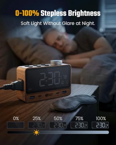 Walnut Wood Superdanny Alarm Clock with 20W PD Charging Station, 4 USB & 2 AC Outlets