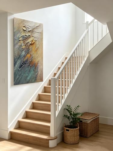 Hand-Painted Colorful Abstract Wall Art Canvas - 24x48 Inch Teal & Yellow-Brown