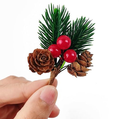 Christmas Floral Picks with Pine Cones and Red Berries, 30 Pack for Holiday Decoration