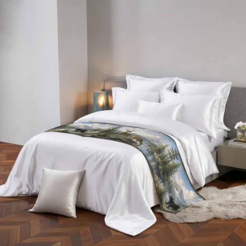 Green Forest Deer Bed Runner for King Bed 94x20 Satin Decor