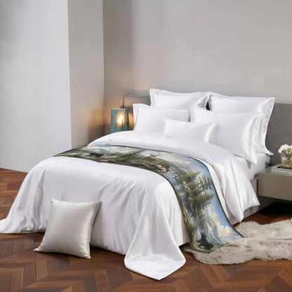 Green Forest Deer Bed Runner for King Bed 94x20 Satin Decor