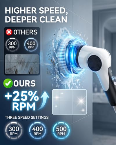 Electric Spin Scrubber Black - Cordless 3-Speed Shower Cleaner with Long Handle & 10 Brush Heads