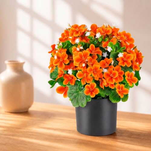 15-Inch Artificial Geranium Flower in Pot - Fall Decor, Orange